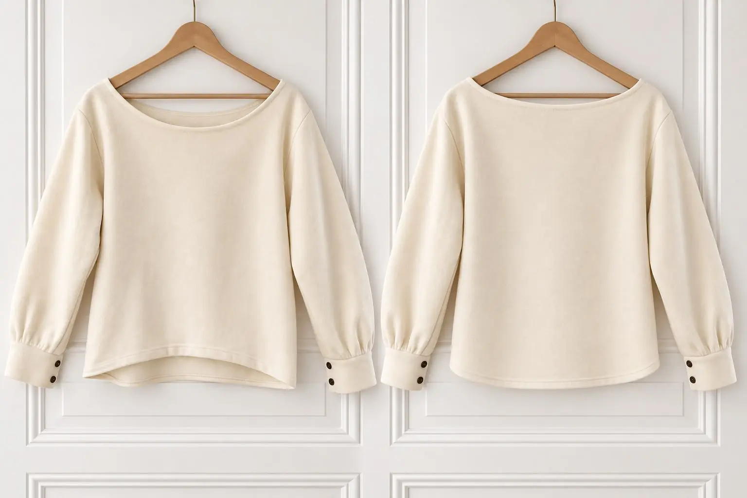 Pull Carole écru sur cintre, vues de face et de dos