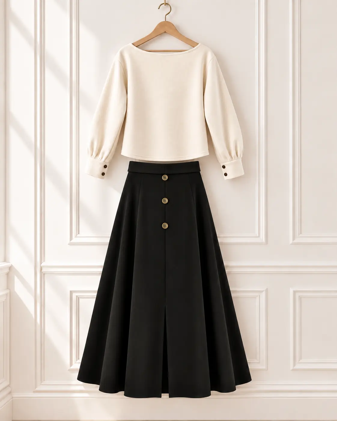 Pull Carole écru présenté avec une jupe noire à boutons