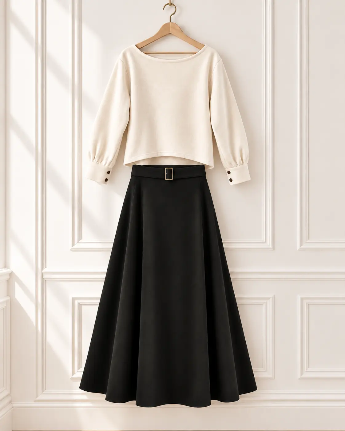 Pull Carole écru présenté avec une jupe noire ceinturée
