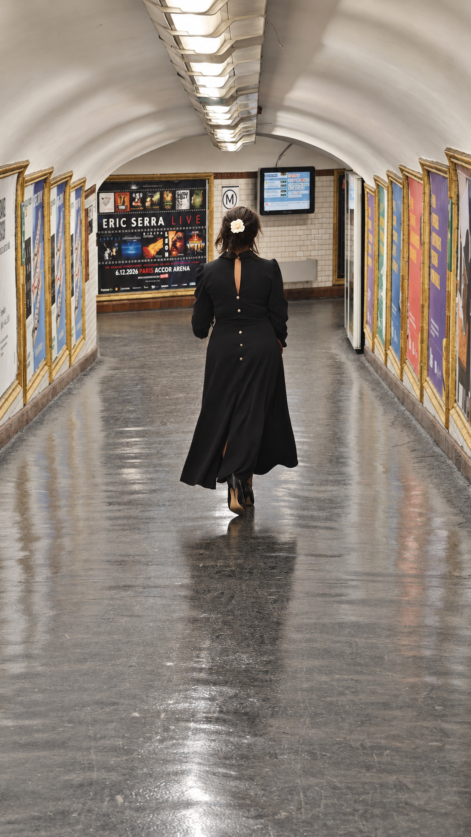 Robe Signature longue noire, vue de dos dans le métro